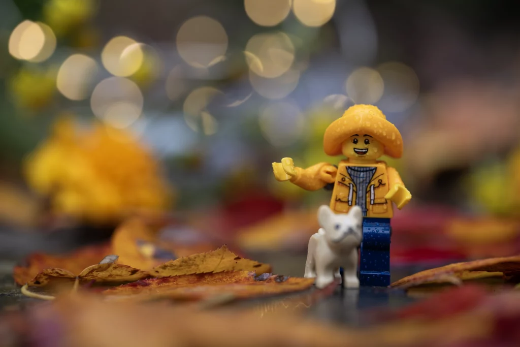 Legography qui représente une minifigurine promenant son chien sous la pluie. Au jolis couleurs de l'hiver.